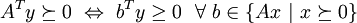 A^Ty\succeq0~\Leftrightarrow~b^Ty\geq0~~\forall~b\in\{A_{}x~|~x\succeq0\}