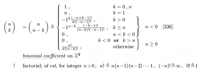 full binomial coefficient definition including negative argument